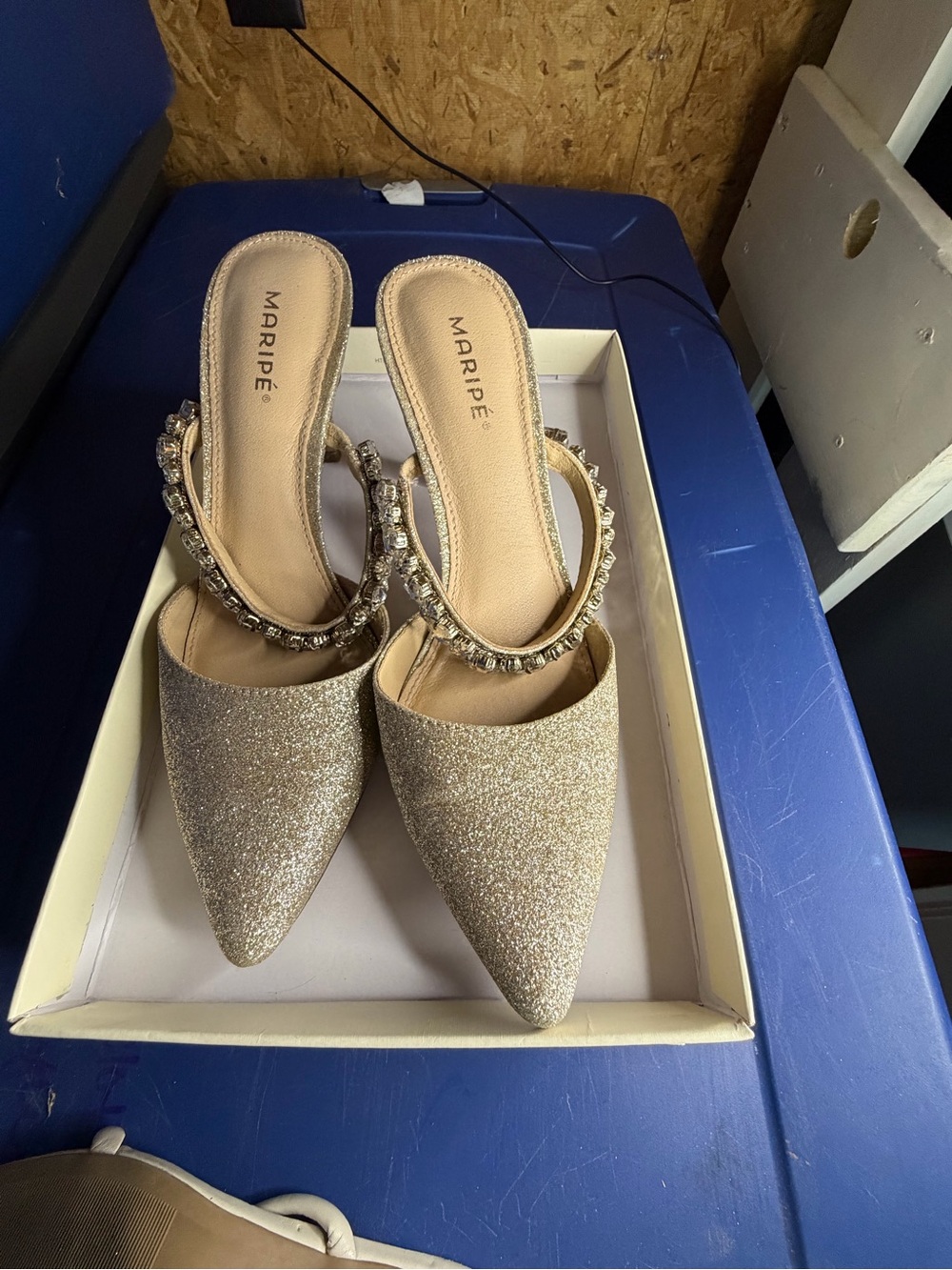 Maripe Champagne Glitter Pointed Toe Mules with Jeweled Strap